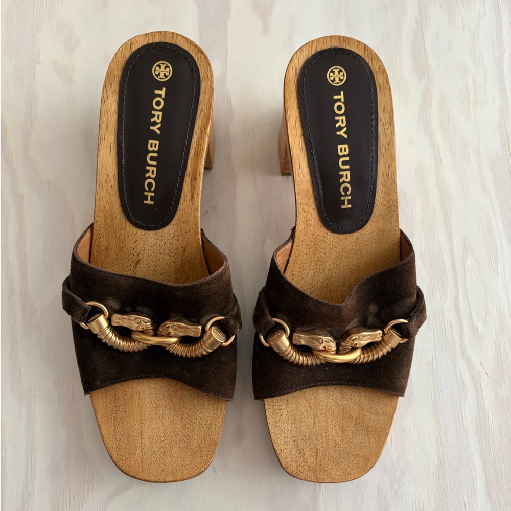 Tory Burch Jessa Clog Sandals in Brown Suede with Horsehead Bit Hardware